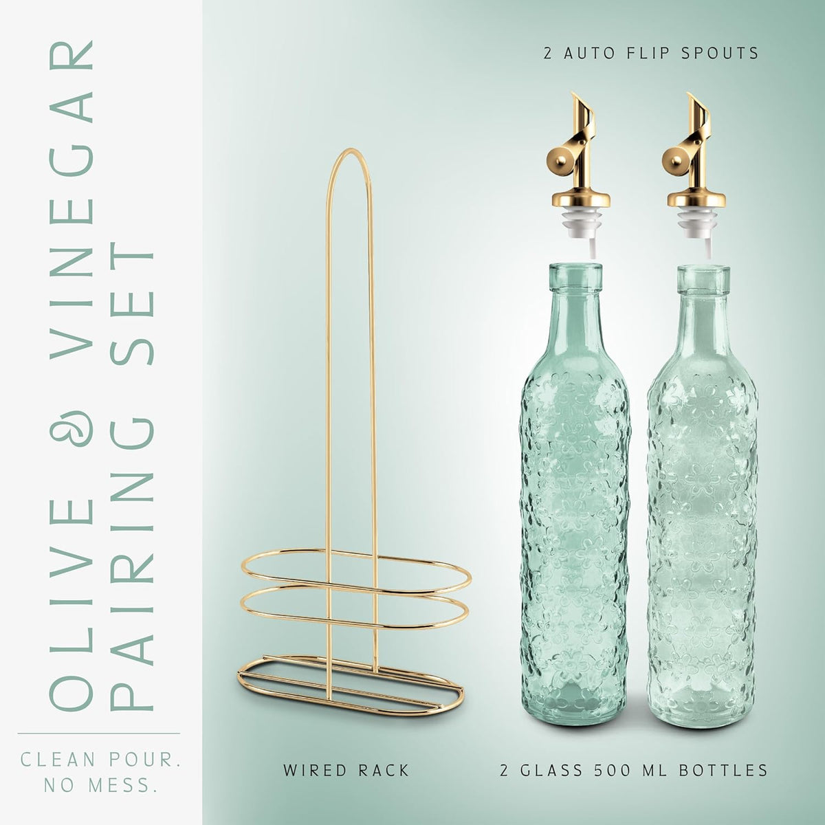 Glass Olive Oil Bottle Dispenser, Clear, Elegant Waves | 2 Pack, 17oz, Oil and Vinegar Cruet, Olive Oil Carafe Decanter, For Kitchen