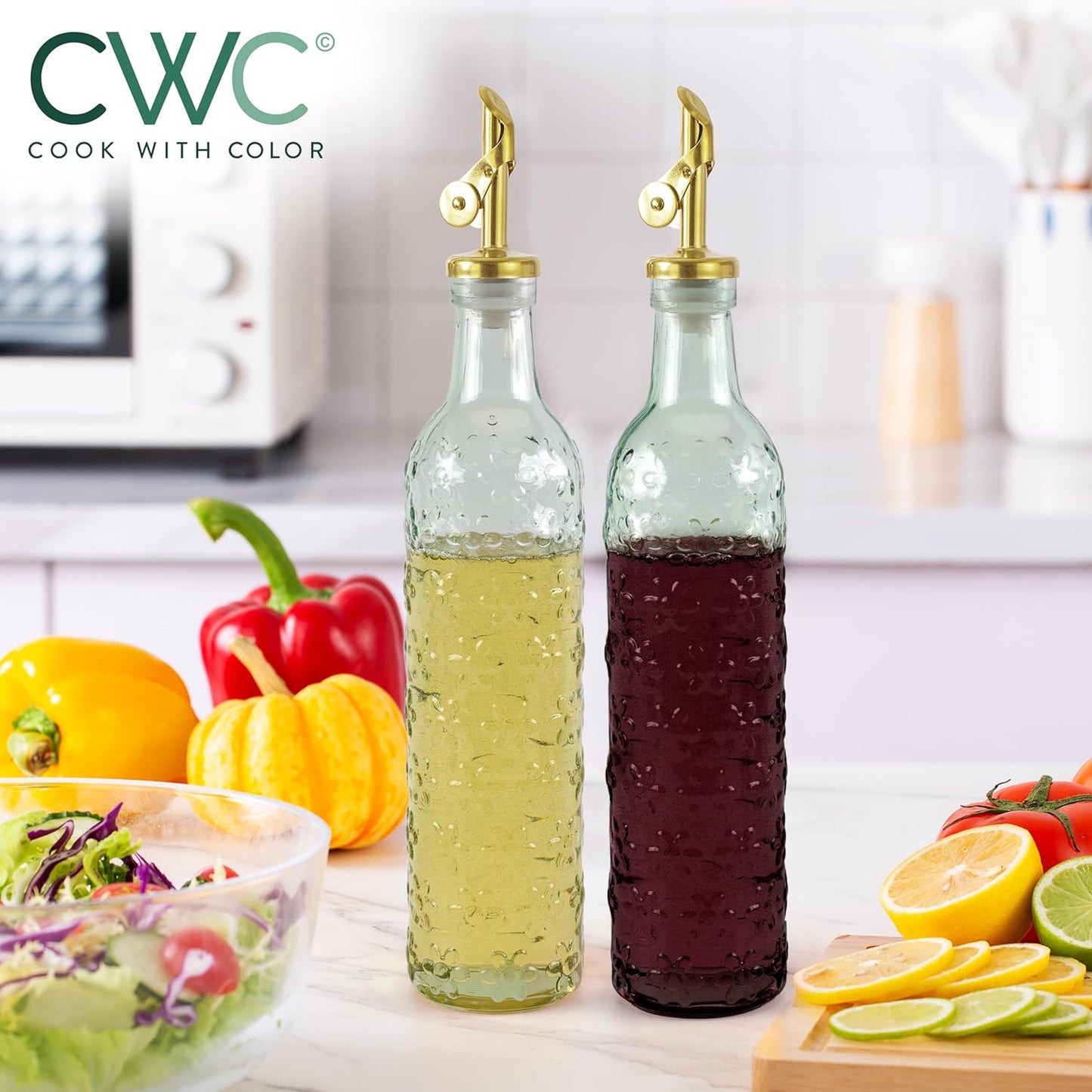 Glass Olive Oil Bottle Dispenser, Clear, Elegant Waves | 2 Pack, 17oz, Oil and Vinegar Cruet, Olive Oil Carafe Decanter, For Kitchen
