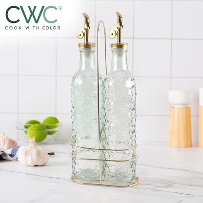 Glass Olive Oil Bottle Dispenser, Clear, Elegant Waves | 2 Pack, 17oz, Oil and Vinegar Cruet, Olive Oil Carafe Decanter, For Kitchen