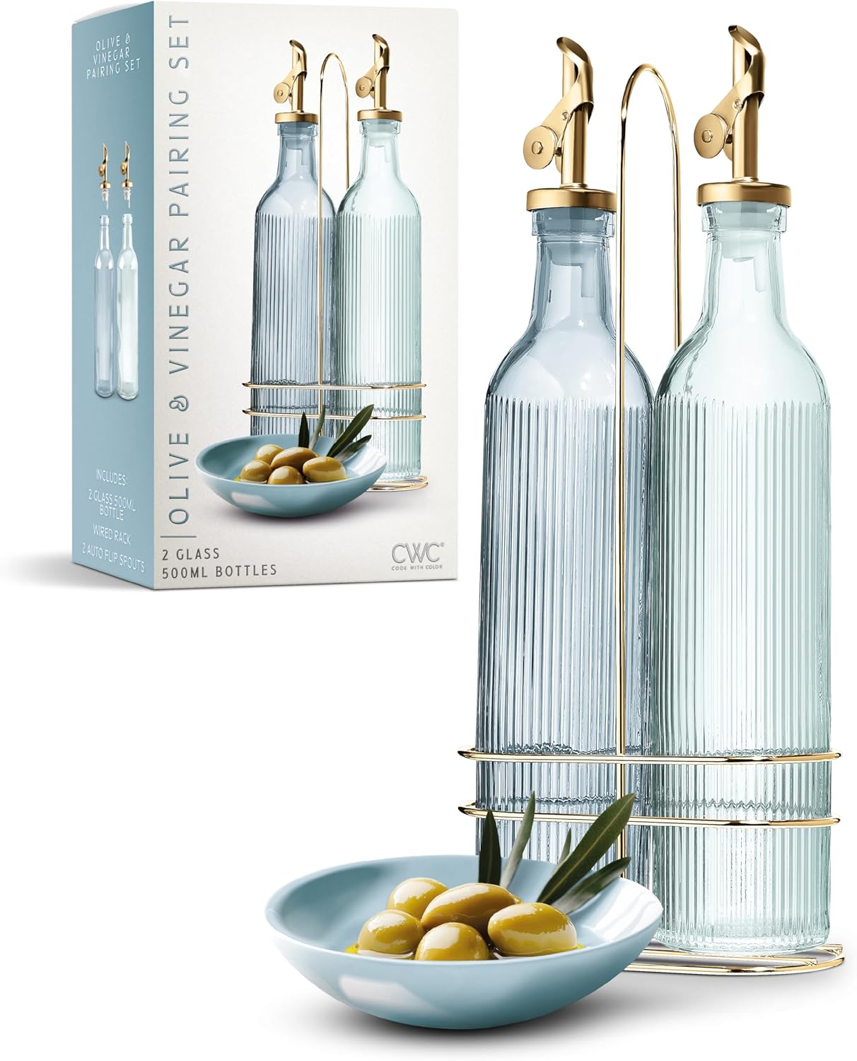 Glass Olive Oil Bottle Dispenser, Clear, Elegant Waves | 2 Pack, 17oz, Oil and Vinegar Cruet, Olive Oil Carafe Decanter, For Kitchen