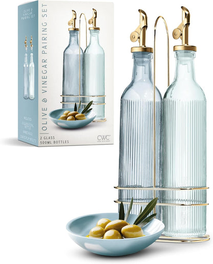 Glass Olive Oil Bottle Dispenser, Clear, Elegant Waves | 2 Pack, 17oz, Oil and Vinegar Cruet, Olive Oil Carafe Decanter, For Kitchen