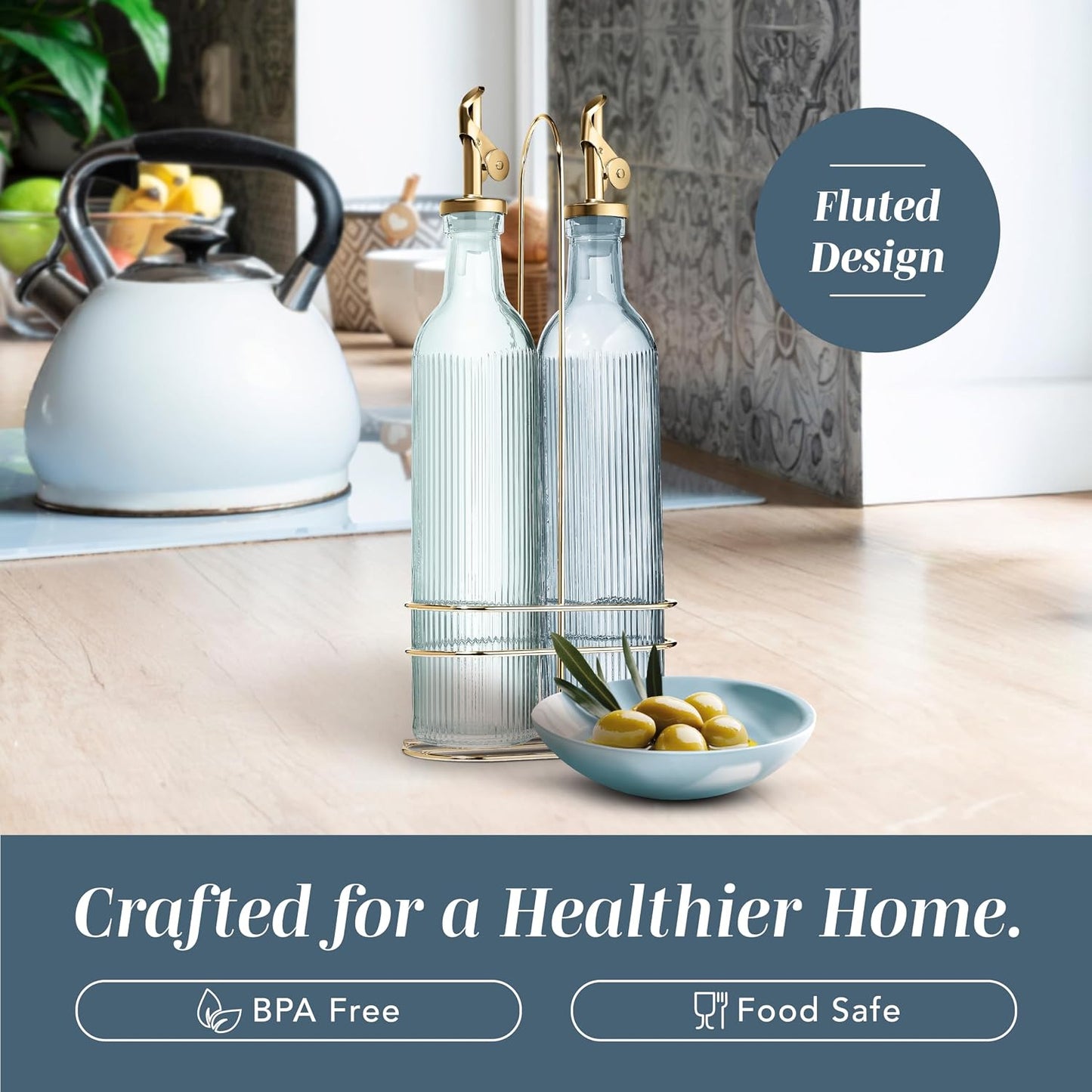 Glass Olive Oil Bottle Dispenser, Clear, Elegant Waves | 2 Pack, 17oz, Oil and Vinegar Cruet, Olive Oil Carafe Decanter, For Kitchen
