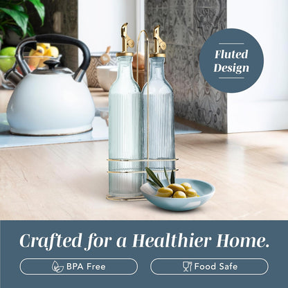 Glass Olive Oil Bottle Dispenser, Clear, Elegant Waves | 2 Pack, 17oz, Oil and Vinegar Cruet, Olive Oil Carafe Decanter, For Kitchen