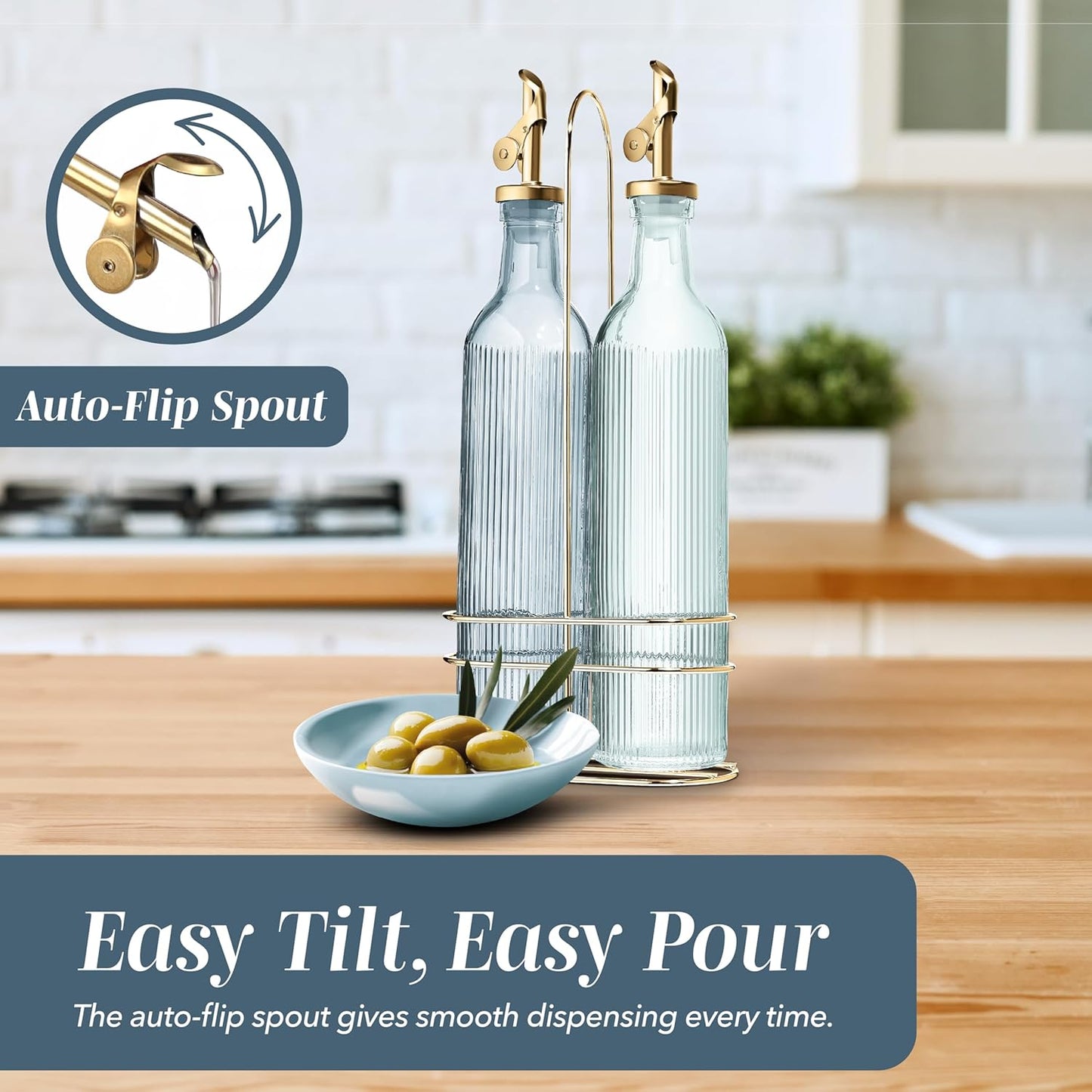 Glass Olive Oil Bottle Dispenser, Clear, Elegant Waves | 2 Pack, 17oz, Oil and Vinegar Cruet, Olive Oil Carafe Decanter, For Kitchen