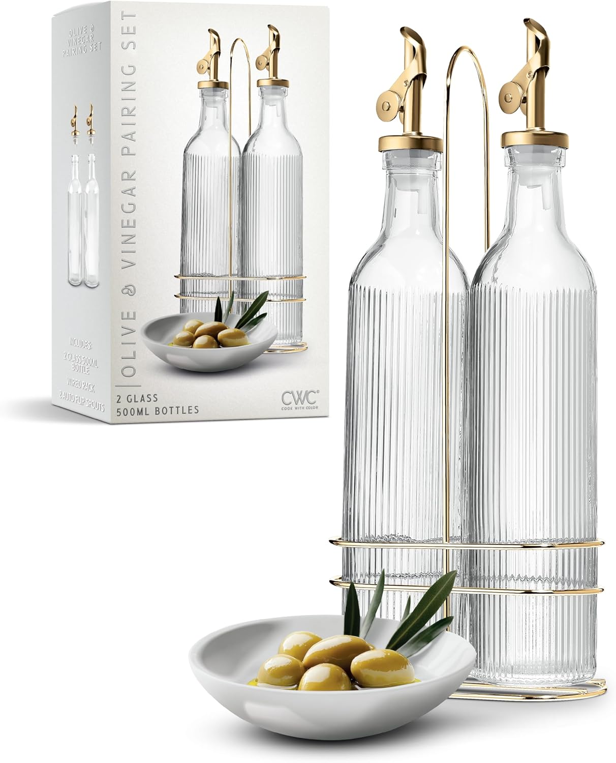 Glass Olive Oil Bottle Dispenser, Clear, Elegant Waves | 2 Pack, 17oz, Oil and Vinegar Cruet, Olive Oil Carafe Decanter, For Kitchen