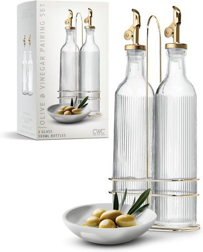 Glass Olive Oil Bottle Dispenser, Clear, Elegant Waves | 2 Pack, 17oz, Oil and Vinegar Cruet, Olive Oil Carafe Decanter, For Kitchen