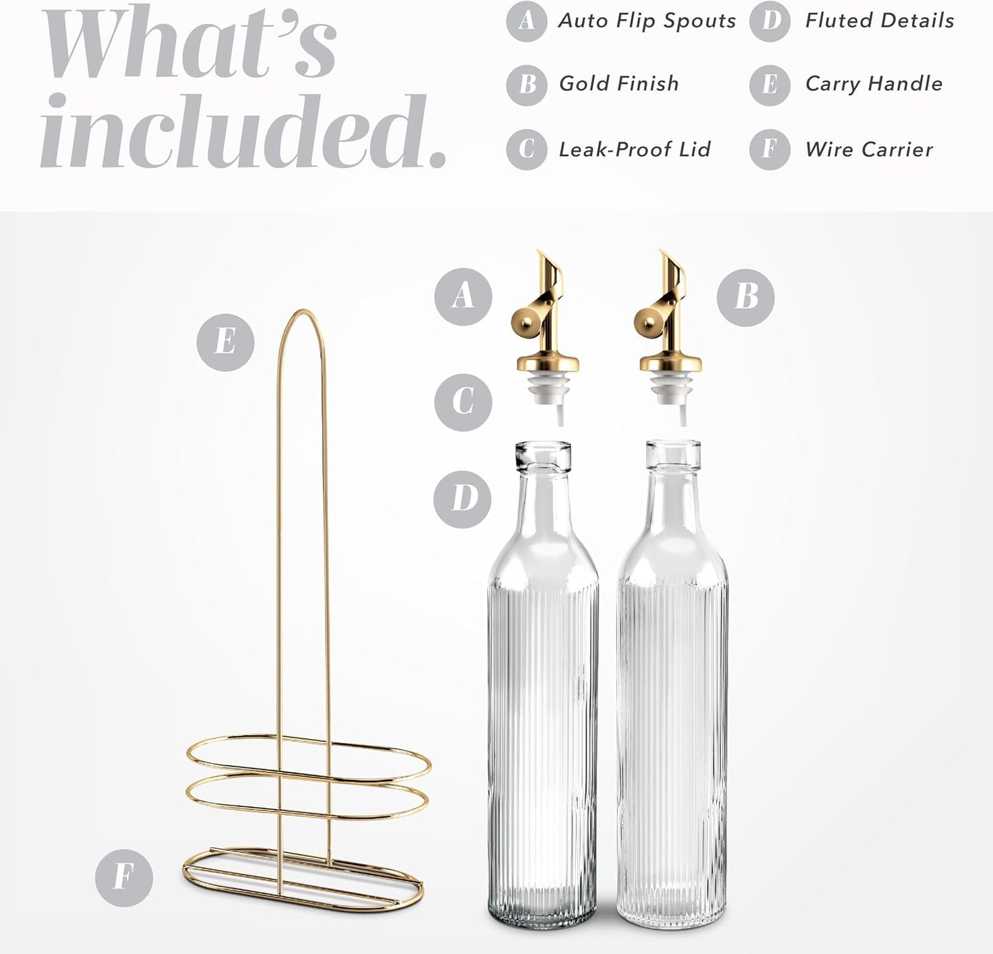 Glass Olive Oil Bottle Dispenser, Clear, Elegant Waves | 2 Pack, 17oz, Oil and Vinegar Cruet, Olive Oil Carafe Decanter, For Kitchen