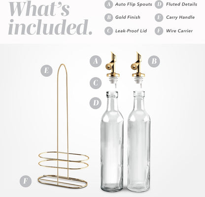 Glass Olive Oil Bottle Dispenser, Clear, Elegant Waves | 2 Pack, 17oz, Oil and Vinegar Cruet, Olive Oil Carafe Decanter, For Kitchen