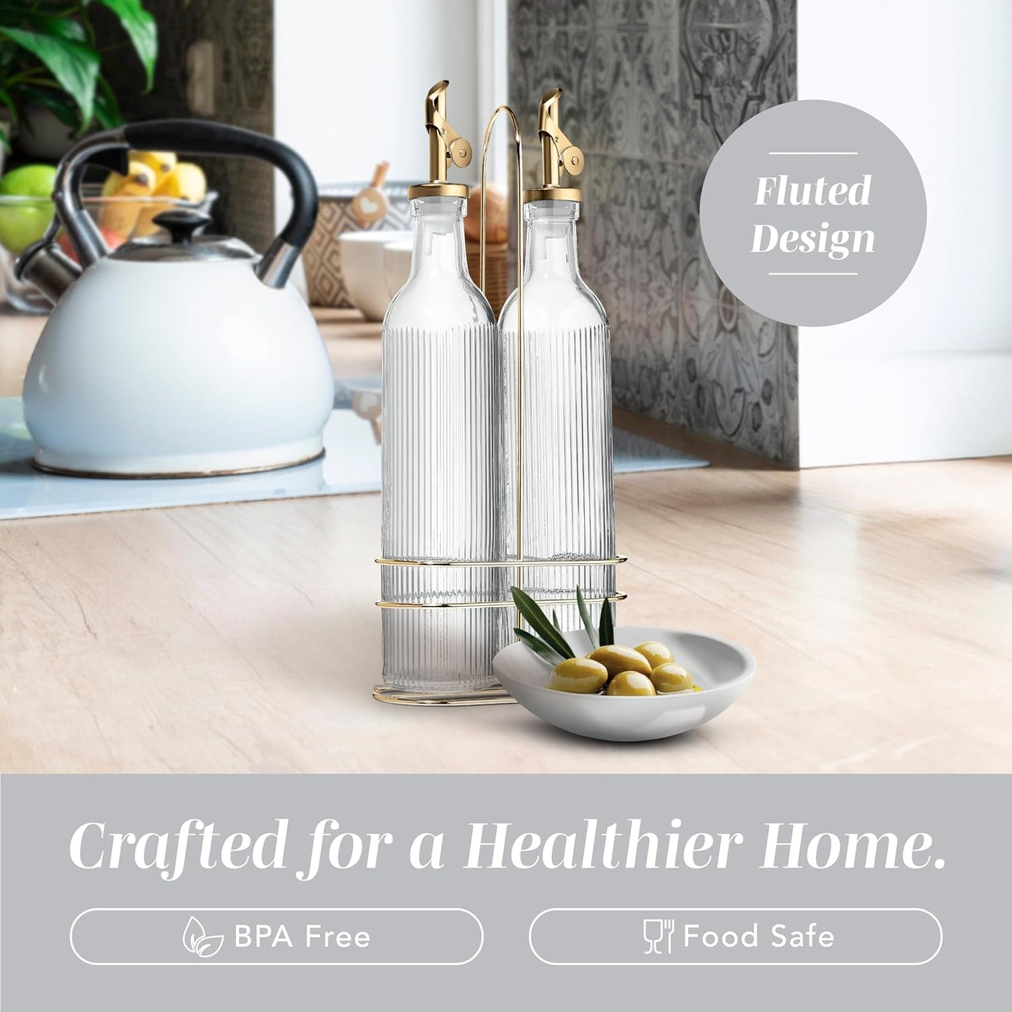 Glass Olive Oil Bottle Dispenser, Clear, Elegant Waves | 2 Pack, 17oz, Oil and Vinegar Cruet, Olive Oil Carafe Decanter, For Kitchen