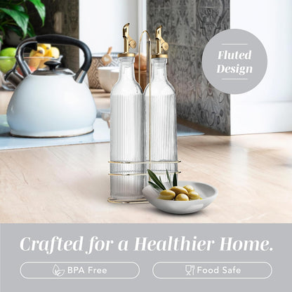 Glass Olive Oil Bottle Dispenser, Clear, Elegant Waves | 2 Pack, 17oz, Oil and Vinegar Cruet, Olive Oil Carafe Decanter, For Kitchen
