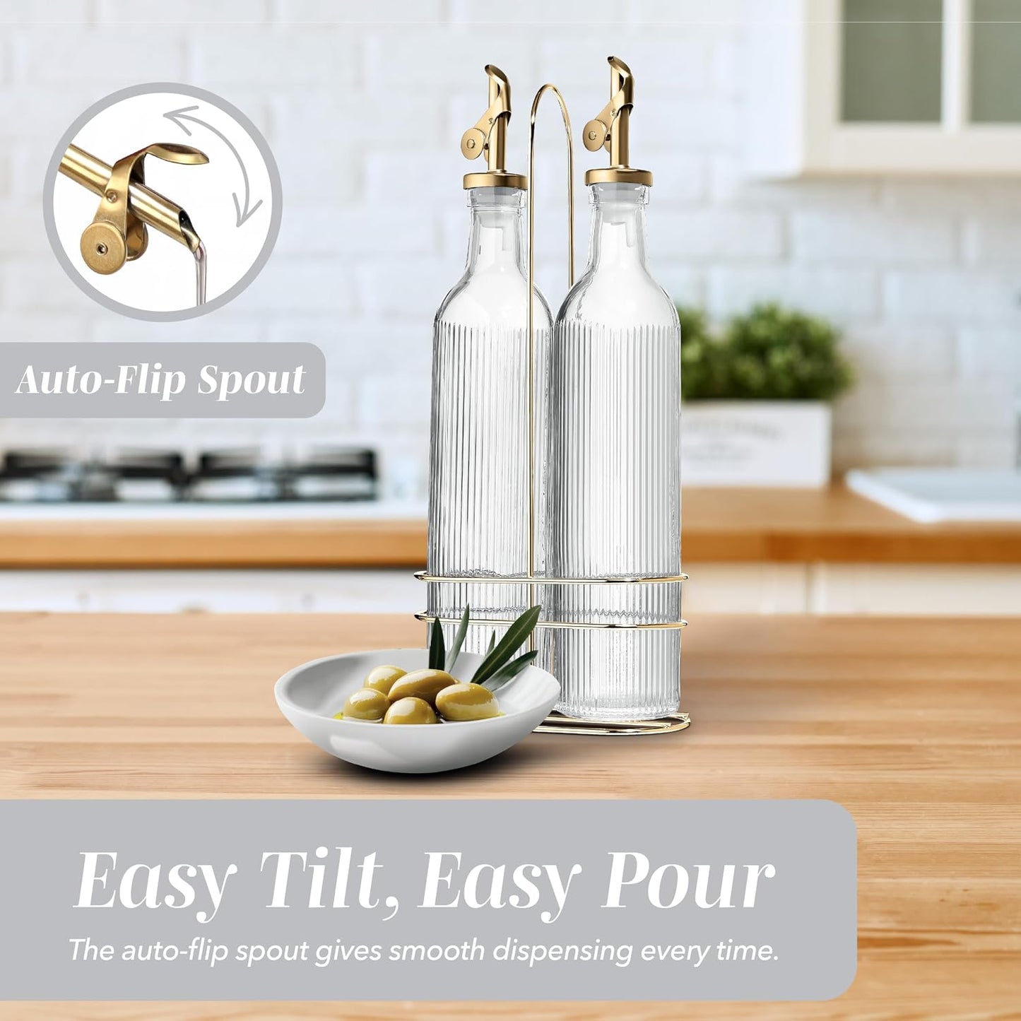 Glass Olive Oil Bottle Dispenser, Clear, Elegant Waves | 2 Pack, 17oz, Oil and Vinegar Cruet, Olive Oil Carafe Decanter, For Kitchen