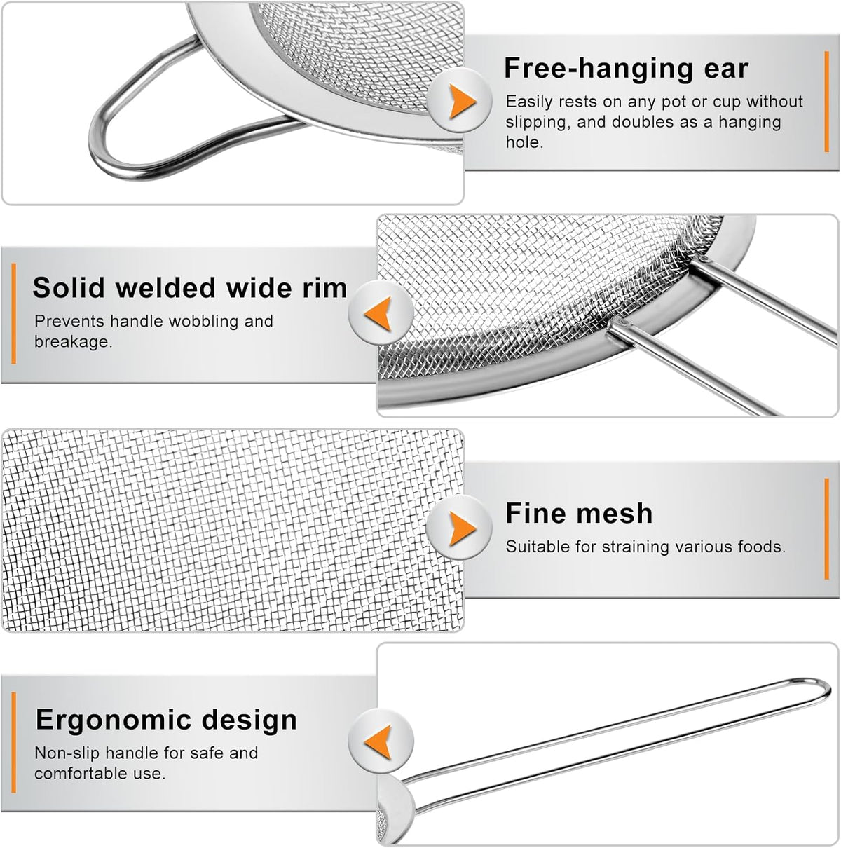 4PCS Fine Mesh Strainer Set, Premium Stainless Steel Fine Mesh Strainers, Food Fine Sieve with Non-Slip Handle, Perfect for Juice, Baking Flour, Drinks, Cocktails, Rice, Jam, Tea(2.8"/3.2"/3.9"/4.7")