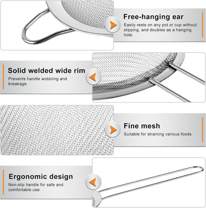 4PCS Fine Mesh Strainer Set, Premium Stainless Steel Fine Mesh Strainers, Food Fine Sieve with Non-Slip Handle, Perfect for Juice, Baking Flour, Drinks, Cocktails, Rice, Jam, Tea(2.8"/3.2"/3.9"/4.7")