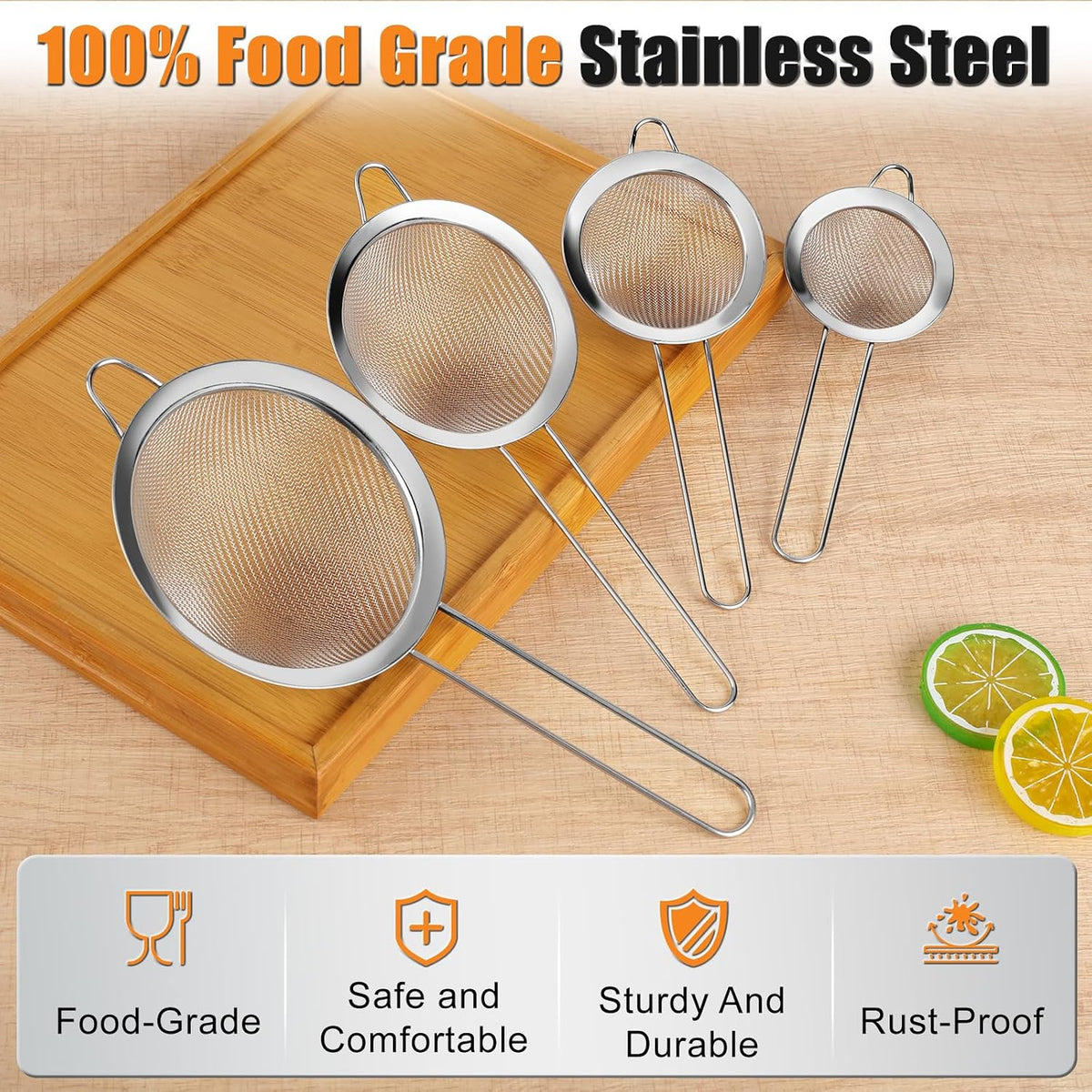 4PCS Fine Mesh Strainer Set, Premium Stainless Steel Fine Mesh Strainers, Food Fine Sieve with Non-Slip Handle, Perfect for Juice, Baking Flour, Drinks, Cocktails, Rice, Jam, Tea(2.8"/3.2"/3.9"/4.7")