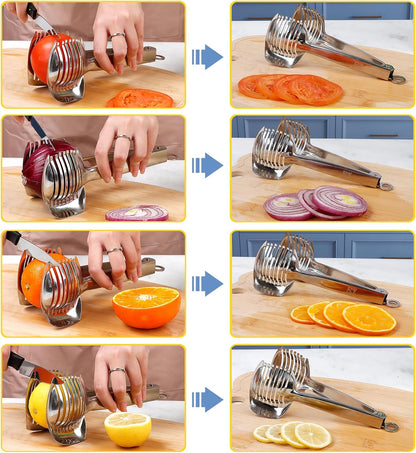 Tomato Slicer Holder with Paring Knife Set, Stainless Steel Lemon Slicer Cutter for Slicing, Onion Holder for Slicing, Vegetable Cutter for Tomato, Lemon