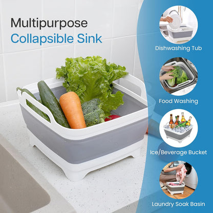 2.4 gal(9L) Gray Collapsible Dish Basin, Portable Sink or Dish Pan for Kitchen Sink with Drain Plug/Strainer, Space Saving Baby Bottle Wash Basin Collapsible Bucket, Beverage Tub for Camping