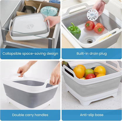 2.4 gal(9L) Gray Collapsible Dish Basin, Portable Sink or Dish Pan for Kitchen Sink with Drain Plug/Strainer, Space Saving Baby Bottle Wash Basin Collapsible Bucket, Beverage Tub for Camping