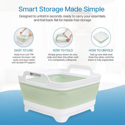 2.4 gal(9L) Gray Collapsible Dish Basin, Portable Sink or Dish Pan for Kitchen Sink with Drain Plug/Strainer, Space Saving Baby Bottle Wash Basin Collapsible Bucket, Beverage Tub for Camping