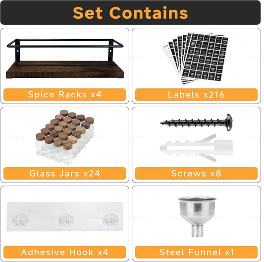4-Tier Wall Mount Spice Rack Organizer with 24 Glass Jars, 216 Labels & Funnel - Screw/Adhesive Mount, Black Metal & Wood Spice Storage for Kitchen Pantry Cabinet, 11.6”L x 2.4”W x 3.2”H