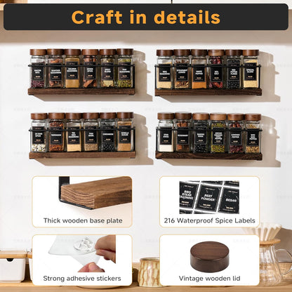 4-Tier Wall Mount Spice Rack Organizer with 24 Glass Jars, 216 Labels & Funnel - Screw/Adhesive Mount, Black Metal & Wood Spice Storage for Kitchen Pantry Cabinet, 11.6”L x 2.4”W x 3.2”H