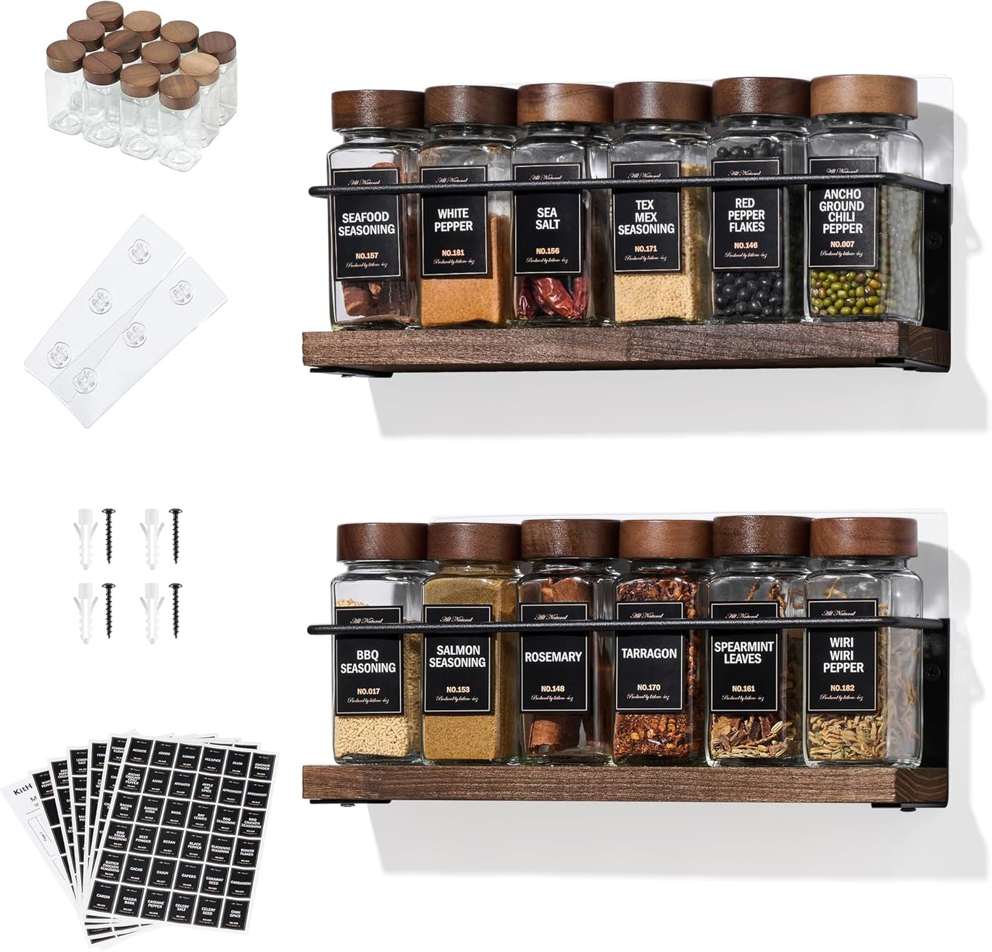 4-Tier Wall Mount Spice Rack Organizer with 24 Glass Jars, 216 Labels & Funnel - Screw/Adhesive Mount, Black Metal & Wood Spice Storage for Kitchen Pantry Cabinet, 11.6”L x 2.4”W x 3.2”H