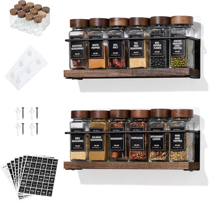 4-Tier Wall Mount Spice Rack Organizer with 24 Glass Jars, 216 Labels & Funnel - Screw/Adhesive Mount, Black Metal & Wood Spice Storage for Kitchen Pantry Cabinet, 11.6”L x 2.4”W x 3.2”H