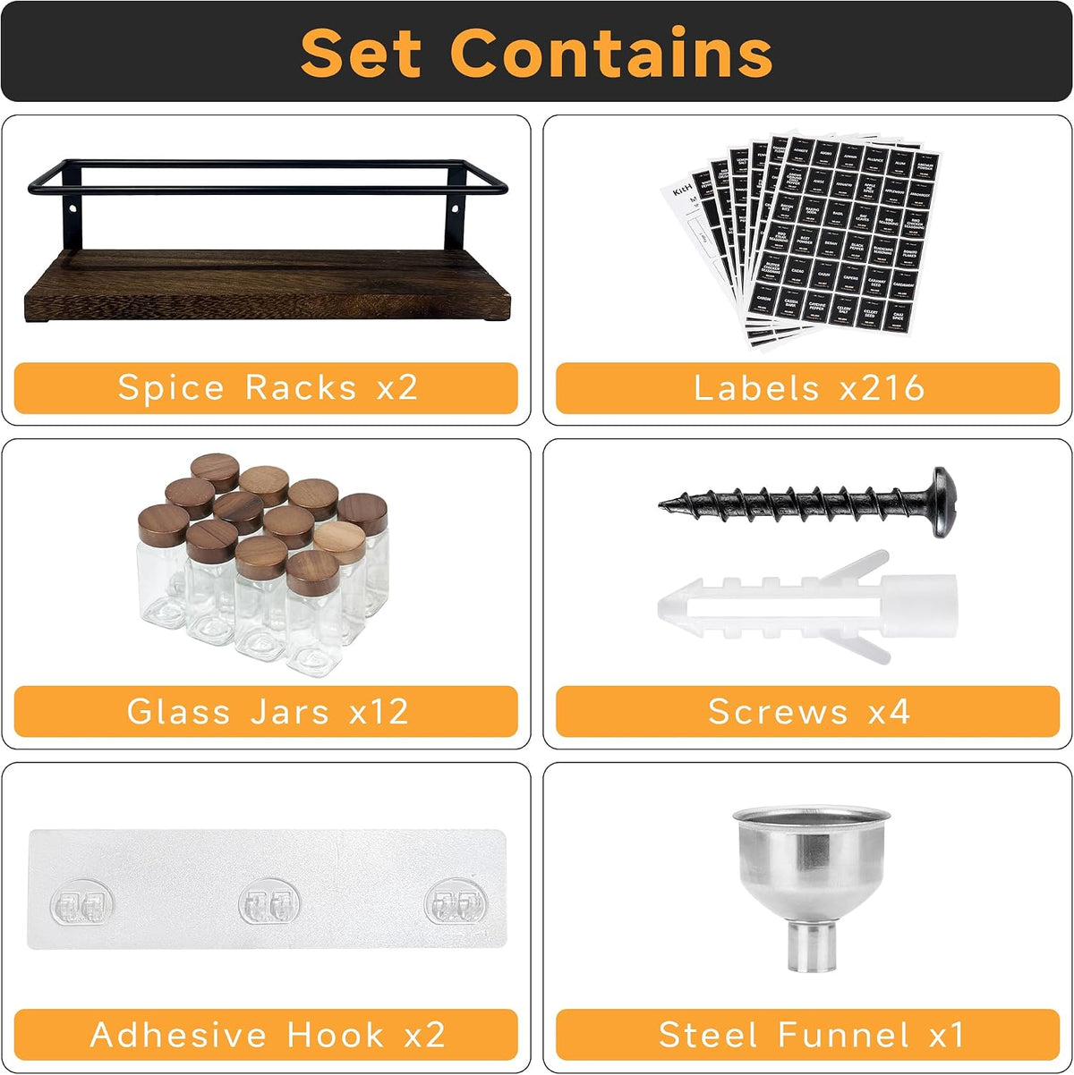 4-Tier Wall Mount Spice Rack Organizer with 24 Glass Jars, 216 Labels & Funnel - Screw/Adhesive Mount, Black Metal & Wood Spice Storage for Kitchen Pantry Cabinet, 11.6”L x 2.4”W x 3.2”H