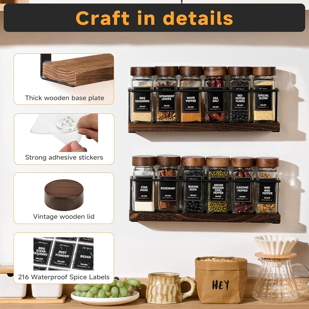 4-Tier Wall Mount Spice Rack Organizer with 24 Glass Jars, 216 Labels & Funnel - Screw/Adhesive Mount, Black Metal & Wood Spice Storage for Kitchen Pantry Cabinet, 11.6”L x 2.4”W x 3.2”H