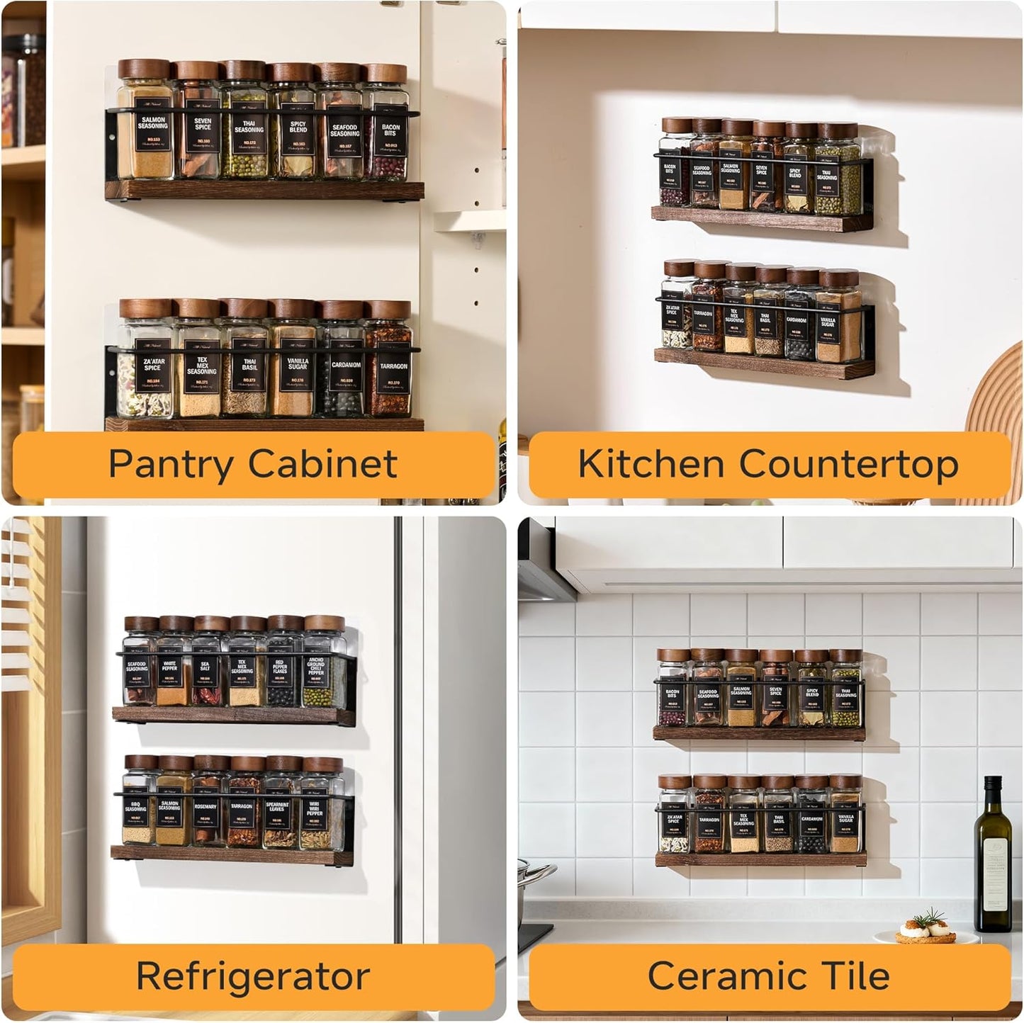 4-Tier Wall Mount Spice Rack Organizer with 24 Glass Jars, 216 Labels & Funnel - Screw/Adhesive Mount, Black Metal & Wood Spice Storage for Kitchen Pantry Cabinet, 11.6”L x 2.4”W x 3.2”H