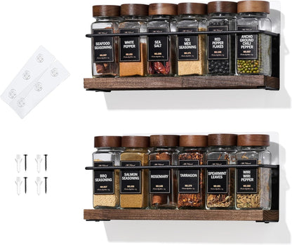 4-Tier Wall Mount Spice Rack Organizer with 24 Glass Jars, 216 Labels & Funnel - Screw/Adhesive Mount, Black Metal & Wood Spice Storage for Kitchen Pantry Cabinet, 11.6”L x 2.4”W x 3.2”H