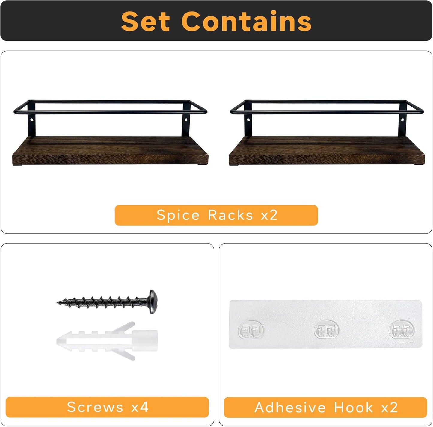 4-Tier Wall Mount Spice Rack Organizer with 24 Glass Jars, 216 Labels & Funnel - Screw/Adhesive Mount, Black Metal & Wood Spice Storage for Kitchen Pantry Cabinet, 11.6”L x 2.4”W x 3.2”H