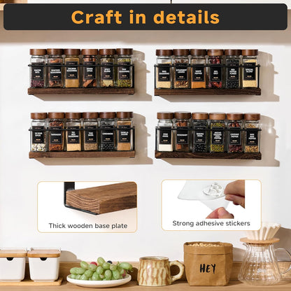 4-Tier Wall Mount Spice Rack Organizer with 24 Glass Jars, 216 Labels & Funnel - Screw/Adhesive Mount, Black Metal & Wood Spice Storage for Kitchen Pantry Cabinet, 11.6”L x 2.4”W x 3.2”H