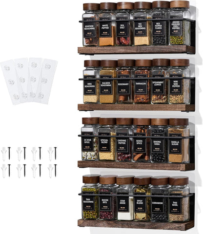 4-Tier Wall Mount Spice Rack Organizer with 24 Glass Jars, 216 Labels & Funnel - Screw/Adhesive Mount, Black Metal & Wood Spice Storage for Kitchen Pantry Cabinet, 11.6”L x 2.4”W x 3.2”H