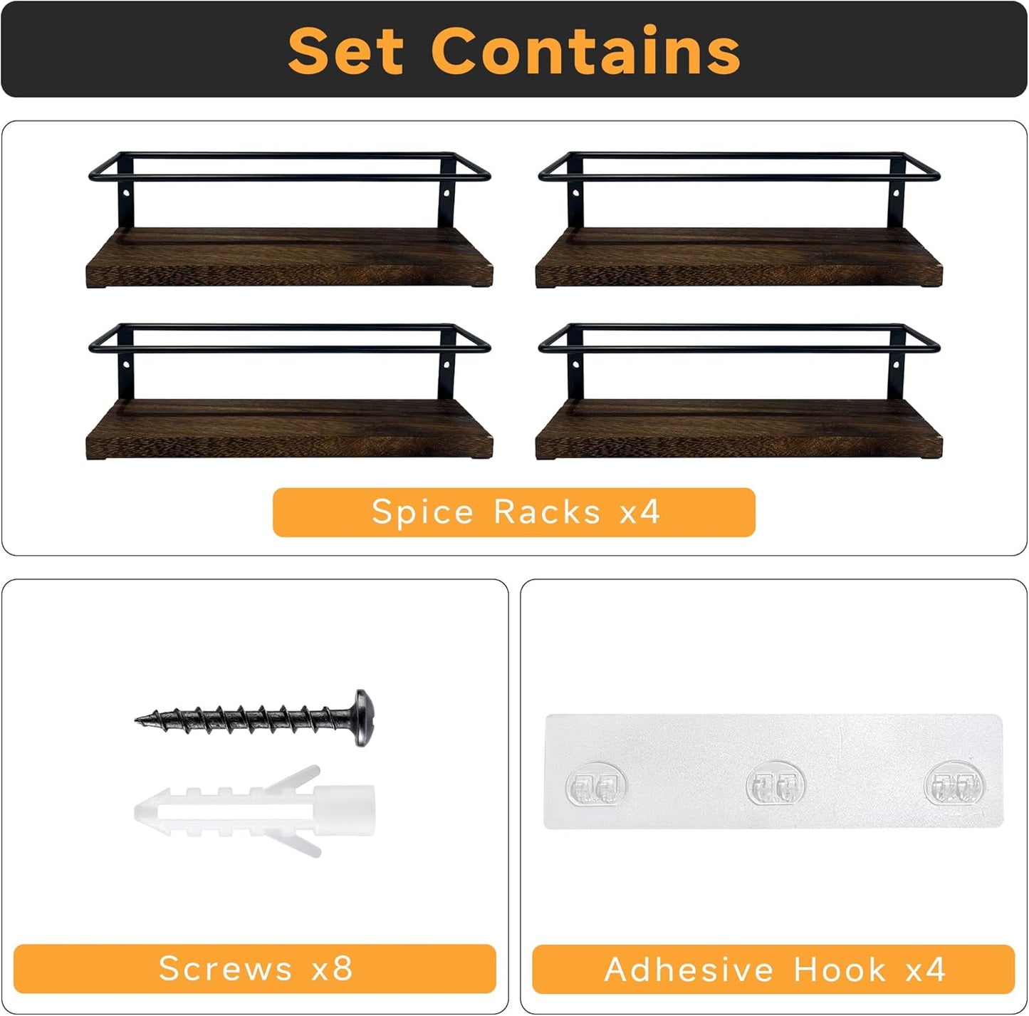 4-Tier Wall Mount Spice Rack Organizer with 24 Glass Jars, 216 Labels & Funnel - Screw/Adhesive Mount, Black Metal & Wood Spice Storage for Kitchen Pantry Cabinet, 11.6”L x 2.4”W x 3.2”H