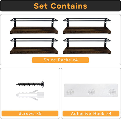 4-Tier Wall Mount Spice Rack Organizer with 24 Glass Jars, 216 Labels & Funnel - Screw/Adhesive Mount, Black Metal & Wood Spice Storage for Kitchen Pantry Cabinet, 11.6”L x 2.4”W x 3.2”H