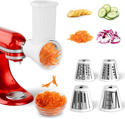 Slicer Shredder Attachment for KitchenAid Stand Mixer | Cheese Grater Attachment for Kitchenaid, Salad Maker, Grinding Powder, Dishwasher Safe with 4 Blades, White