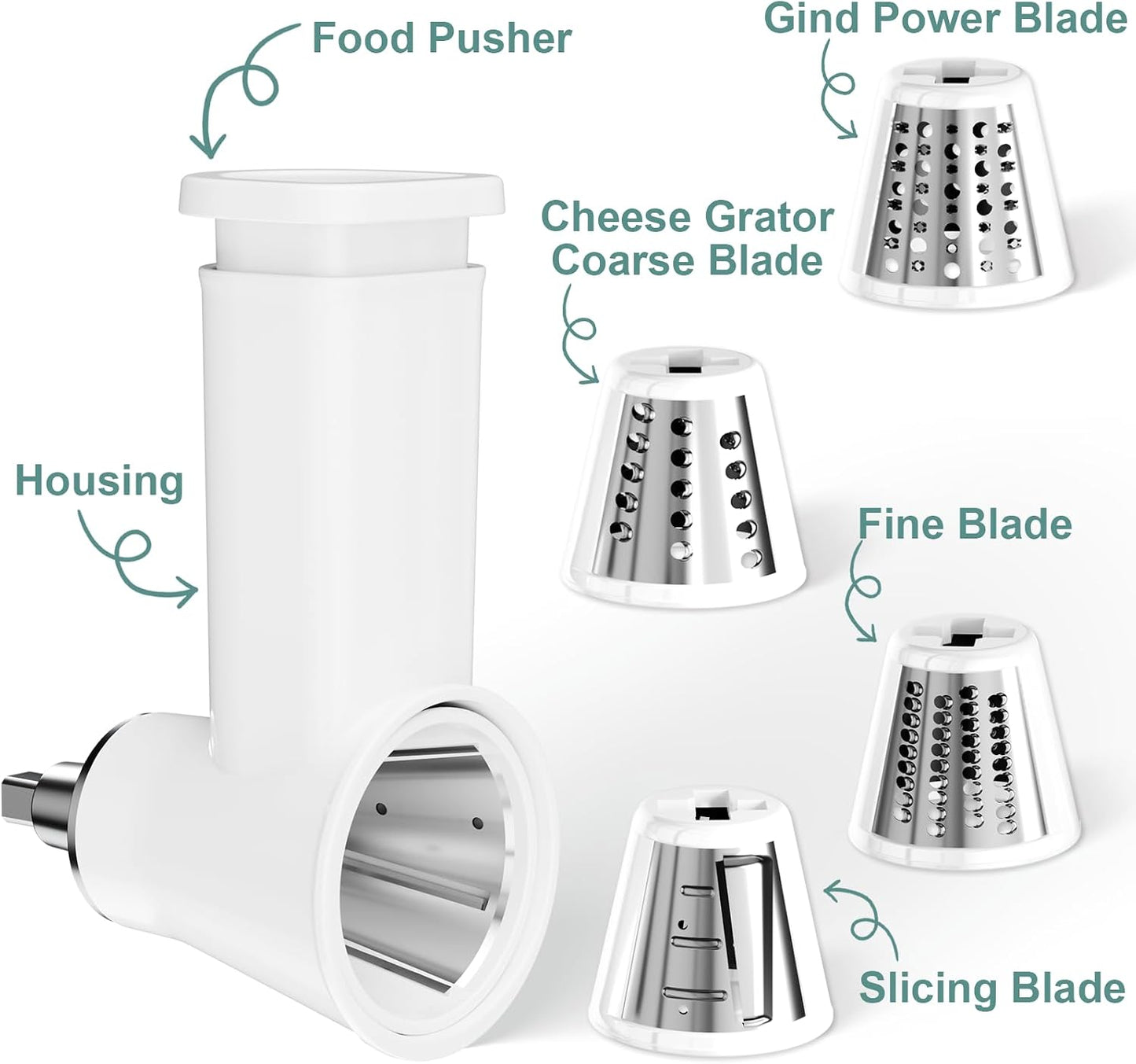 Slicer Shredder Attachment for KitchenAid Stand Mixer | Cheese Grater Attachment for Kitchenaid, Salad Maker, Grinding Powder, Dishwasher Safe with 4 Blades, White