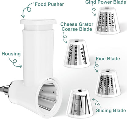 Slicer Shredder Attachment for KitchenAid Stand Mixer | Cheese Grater Attachment for Kitchenaid, Salad Maker, Grinding Powder, Dishwasher Safe with 4 Blades, White