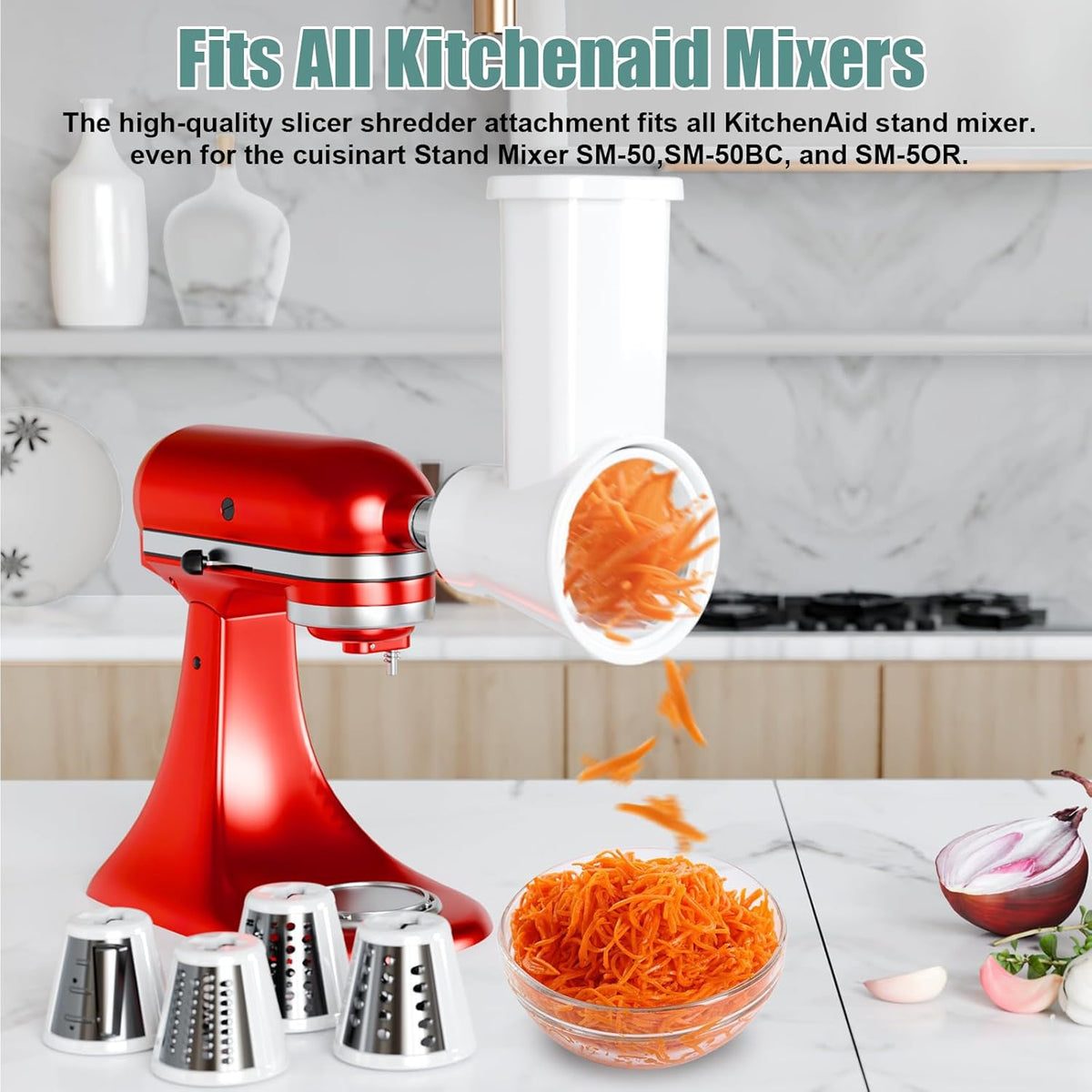 Slicer Shredder Attachment for KitchenAid Stand Mixer | Cheese Grater Attachment for Kitchenaid, Salad Maker, Grinding Powder, Dishwasher Safe with 4 Blades, White
