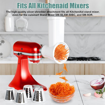 Slicer Shredder Attachment for KitchenAid Stand Mixer | Cheese Grater Attachment for Kitchenaid, Salad Maker, Grinding Powder, Dishwasher Safe with 4 Blades, White