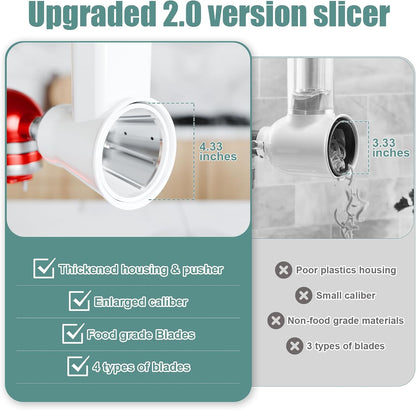 Slicer Shredder Attachment for KitchenAid Stand Mixer | Cheese Grater Attachment for Kitchenaid, Salad Maker, Grinding Powder, Dishwasher Safe with 4 Blades, White