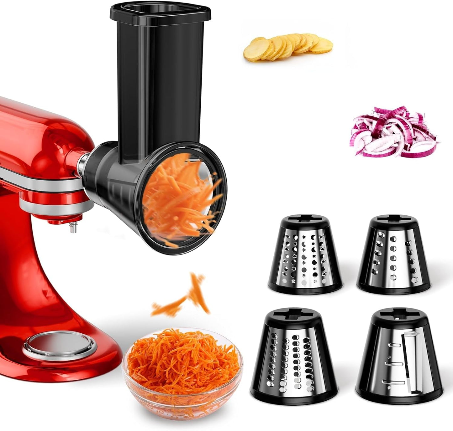 Slicer Shredder Attachment for KitchenAid Stand Mixer | Cheese Grater Attachment for Kitchenaid, Salad Maker, Grinding Powder, Dishwasher Safe with 4 Blades, White