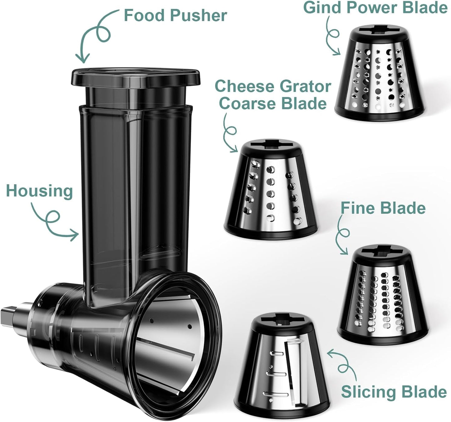 Slicer Shredder Attachment for KitchenAid Stand Mixer | Cheese Grater Attachment for Kitchenaid, Salad Maker, Grinding Powder, Dishwasher Safe with 4 Blades, White