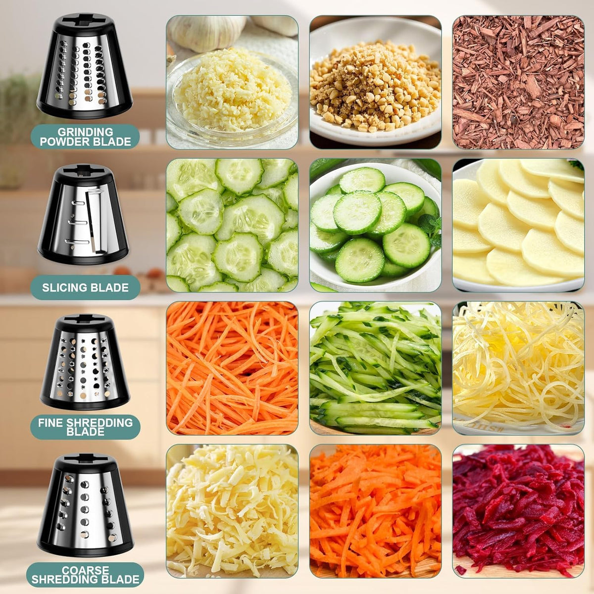 Slicer Shredder Attachment for KitchenAid Stand Mixer | Cheese Grater Attachment for Kitchenaid, Salad Maker, Grinding Powder, Dishwasher Safe with 4 Blades, White
