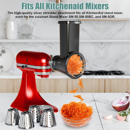 Slicer Shredder Attachment for KitchenAid Stand Mixer | Cheese Grater Attachment for Kitchenaid, Salad Maker, Grinding Powder, Dishwasher Safe with 4 Blades, White