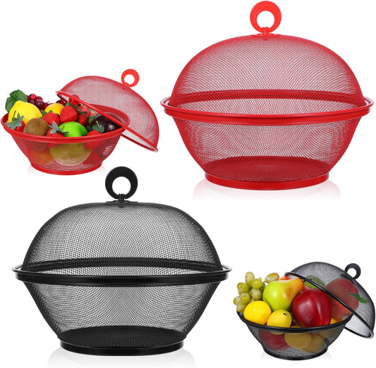 4 Pcs Mesh Food Cover with Lid, 10 Inch Iron Fruit Basket Fly Proof Strainer, Black and Red Metal Wire Container for Kitchen Countertop, Restaurant, Fruit Vegetable Storage