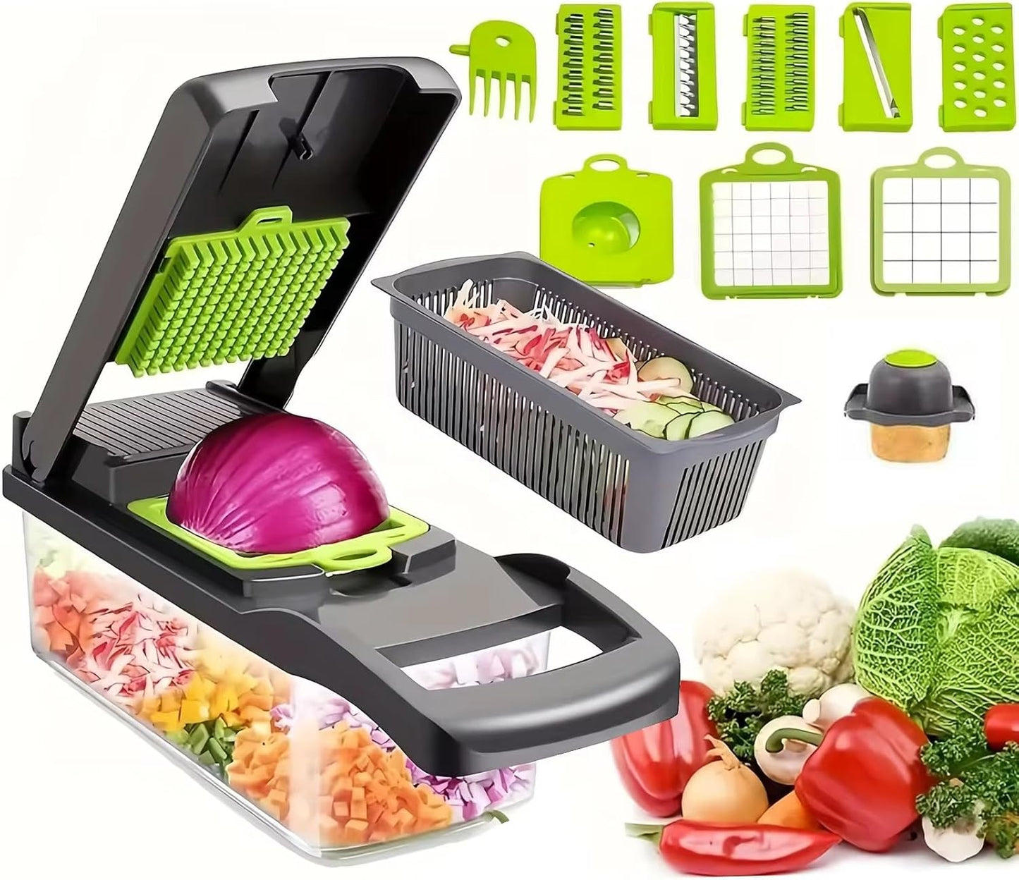 14-in-1 Vegetable Chopper with Container, Manual Onion Cutter, non-electric Food Veggie Chopper Mandoline Slicer, Vegetable Dicer for Cooking Enthusiasts Kitchen Gadgets Tools Multi-Blade