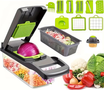 14-in-1 Vegetable Chopper with Container, Manual Onion Cutter, non-electric Food Veggie Chopper Mandoline Slicer, Vegetable Dicer for Cooking Enthusiasts Kitchen Gadgets Tools Multi-Blade