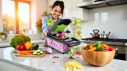 14-in-1 Vegetable Chopper with Container, Manual Onion Cutter, non-electric Food Veggie Chopper Mandoline Slicer, Vegetable Dicer for Cooking Enthusiasts Kitchen Gadgets Tools Multi-Blade