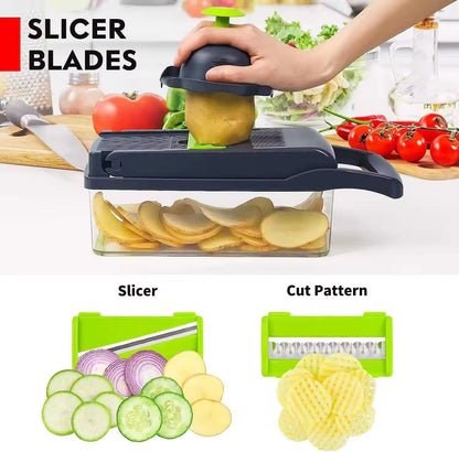 14-in-1 Vegetable Chopper with Container, Manual Onion Cutter, non-electric Food Veggie Chopper Mandoline Slicer, Vegetable Dicer for Cooking Enthusiasts Kitchen Gadgets Tools Multi-Blade